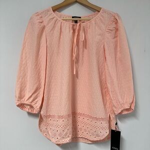 Jones New York Womens Embroidered Tie Neck Eyelet Shirts Rose Sand Size XS
